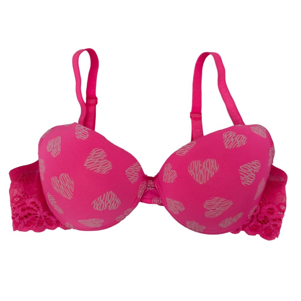 XOXO Womens Pink Heart Valentine Lace Padded Plunge Underwire Bra Sz 34C